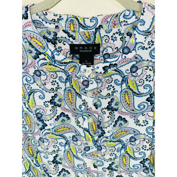 Grace BOHO Women's Soft Paisley Top Size L Short Sleeve Stretchy Classic - Picture 2 of 3